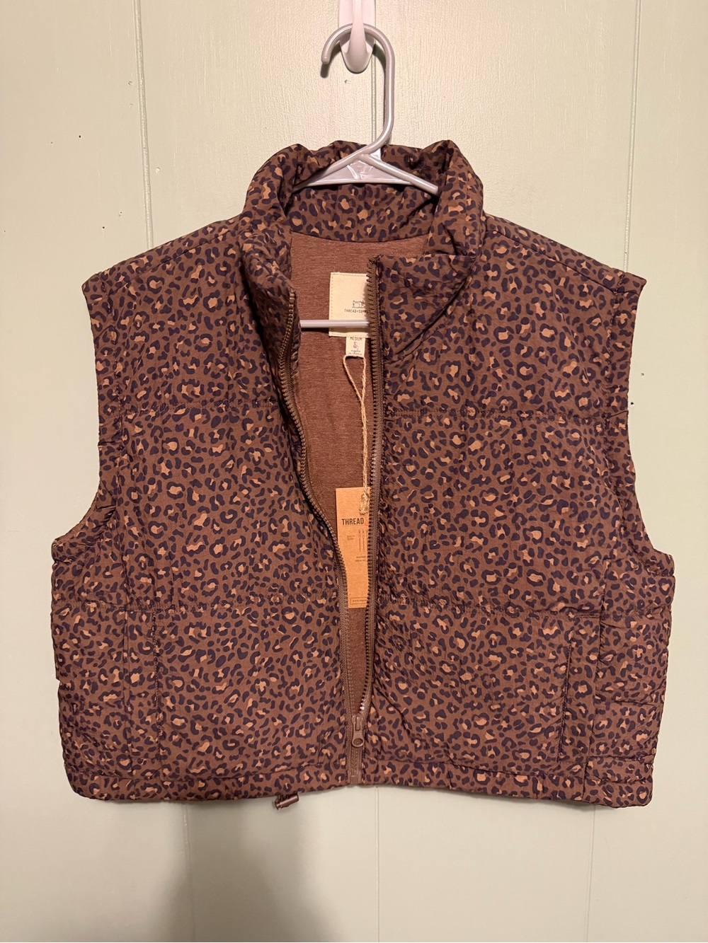 Thread & Supply Brown Leopard Print Quilted Puffer Vest